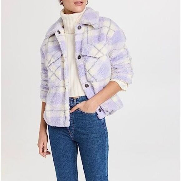 Avec Les Filles Plaid Faux Fur Jacket sz S Purple Cream Long Sleeve Pockets - Picture 1 of 16
